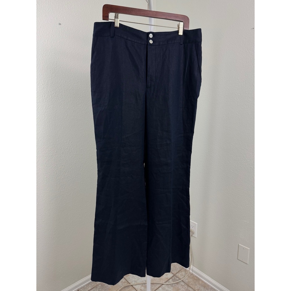 Chaps Womens Navy Blue 100% Linen Wide Leg Trousers Dress Pants Size 14
